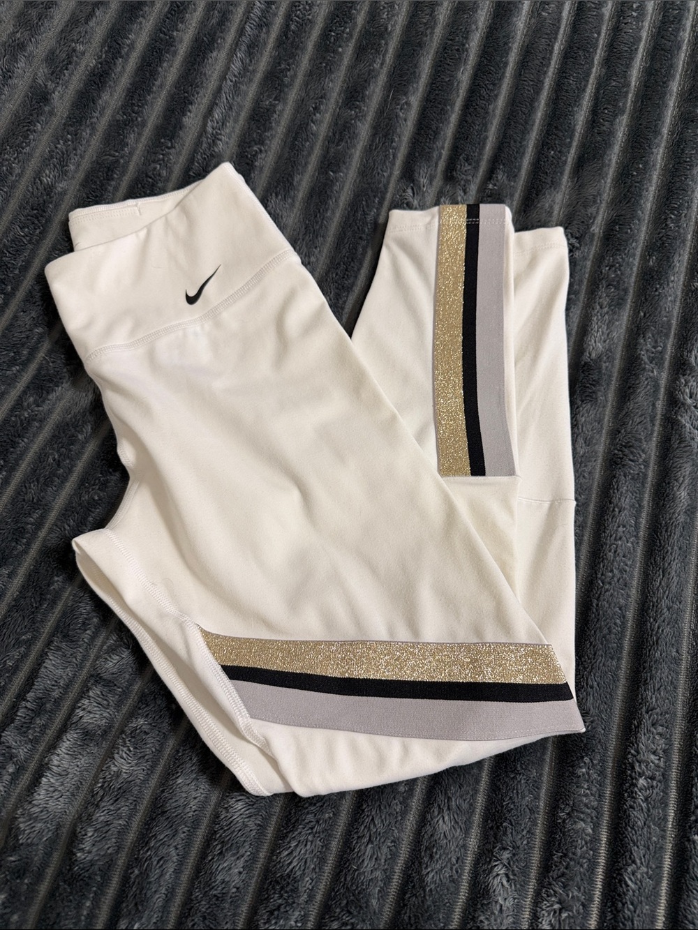 Nike Dri-Fit White Leggings with Gold and Black Stripe Detail, size small